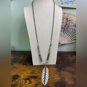 Bohemian Black and Silver Cream Feather Pendant Necklace Carved Resin Rhinestone